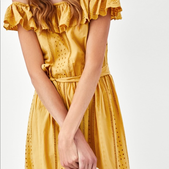 ZARA MUSTARD OFF THE SHOULDER EMBROIDERED MIDI FRILL DRESS SMALL NEW WITH TAGS - Picture 12 of 12